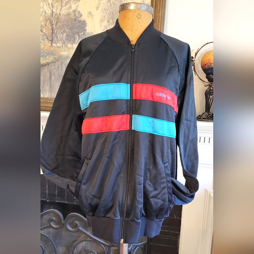 Vintage 1980s Adidas Track Jacket Black w/ Red and Blue Size Large Made in USA